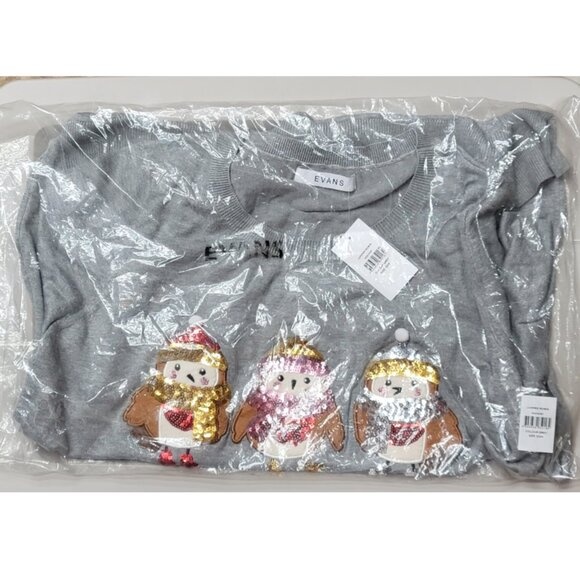 NWT City Chic Evans 22/24 Grey 'Season's Tweetings' Christmas Holiday Sweater - Picture 7 of 11